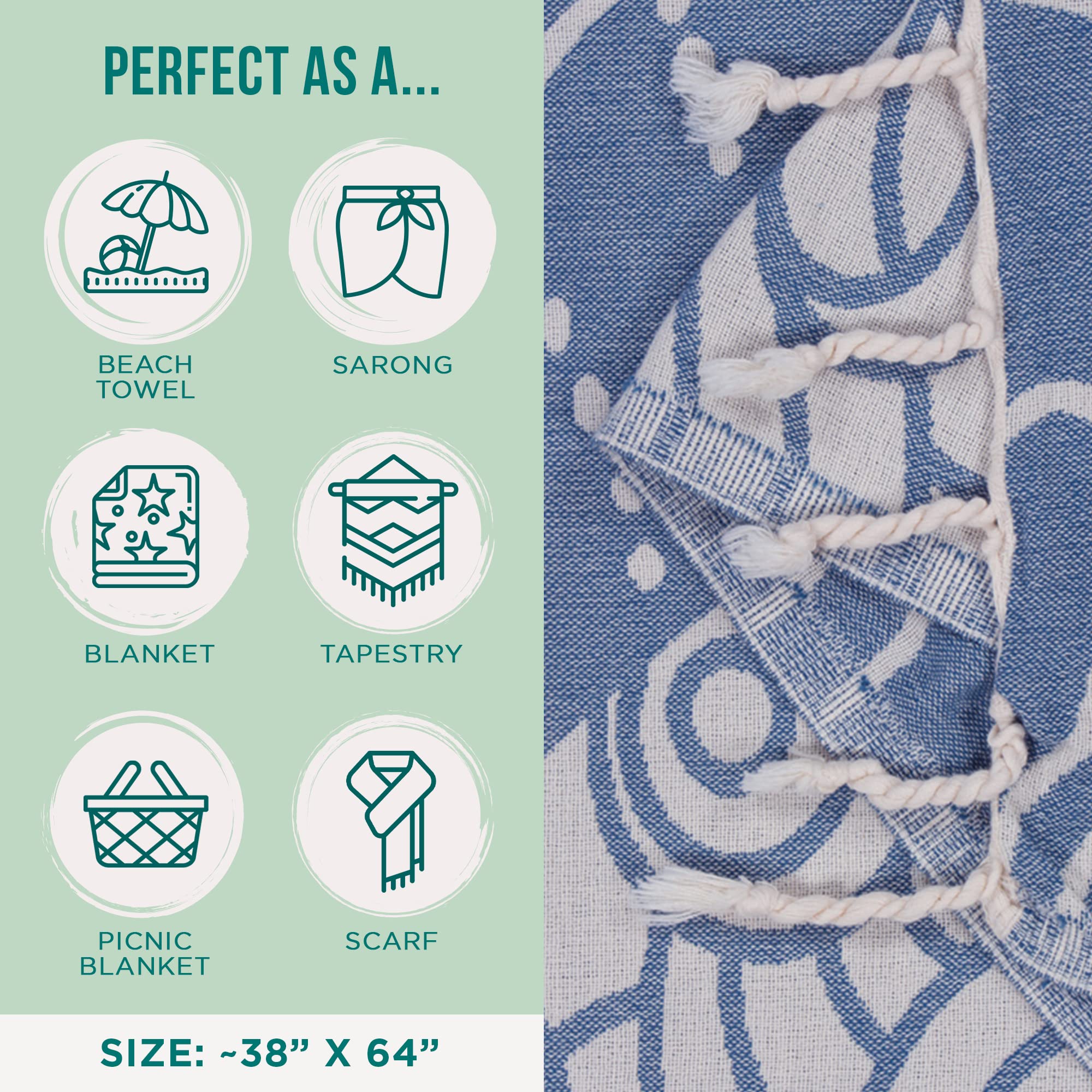 Sand Cloud Turkish Beach Towel - Sand Free - 100% Organic Turkish Cotton Yarn - Quick Dry Towel for Beach, Picnic, Blanket or Bath Towel - As Seen on Shark Tank - Marine Life (Whale Shark) - Image 3